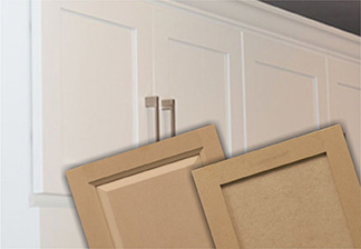 Image of upper white painted cabinets with 5-piece construction doors with 2 close-up raw HDF 5-Piece doors angled in front