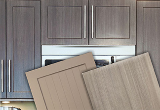 Image showing RTF Upper Cabinets with 2 RTF door Samples in front of cabinets.