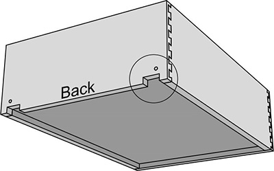 Drawing of dovetail drawer box showing notching option for slides