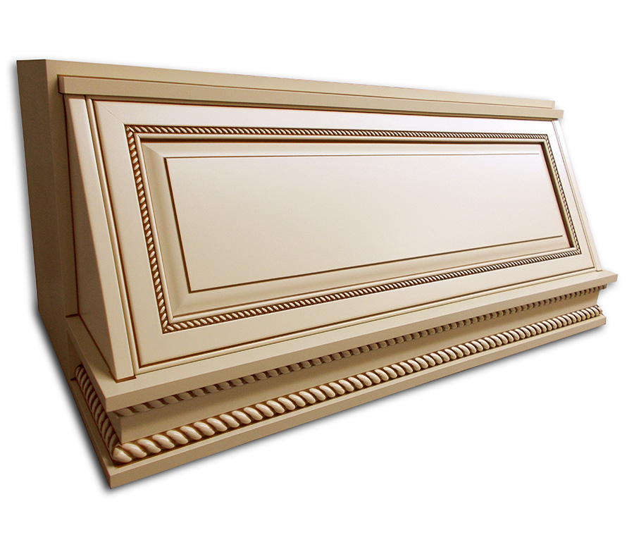 Custom Range Hood miter panel painted in Sandstone paint with artisan mocha glaze | Elias woodwork