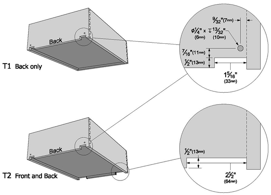 T1 & T2 Front and back drawer box notching options